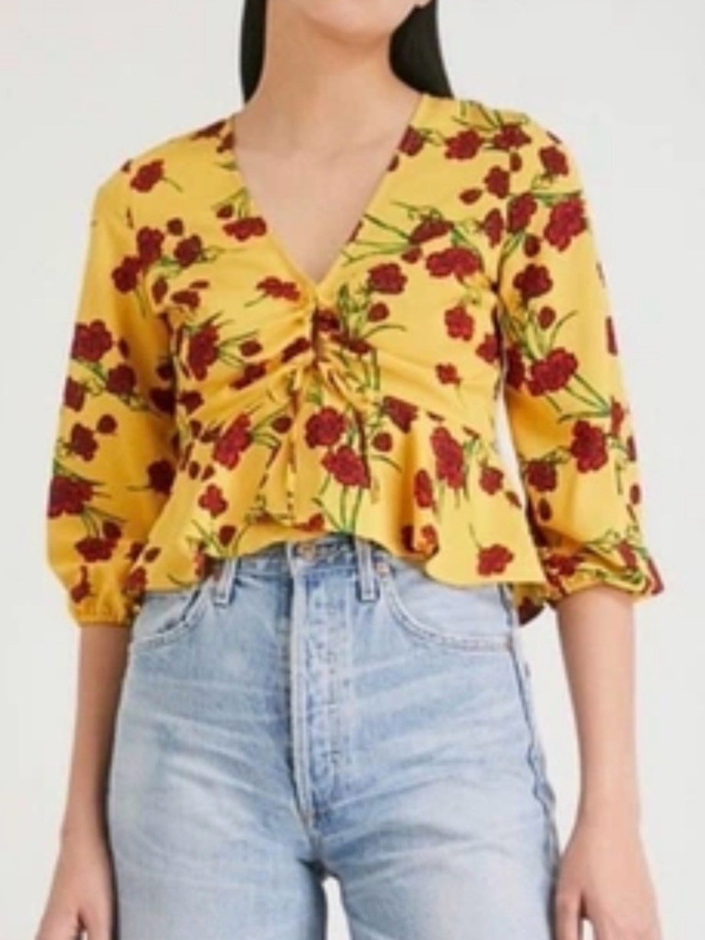 Topshop Yellow Red Floral Peplum Blouse Balloon sleeve Festival Blouse Sz 4 US - Picture 2 of 9